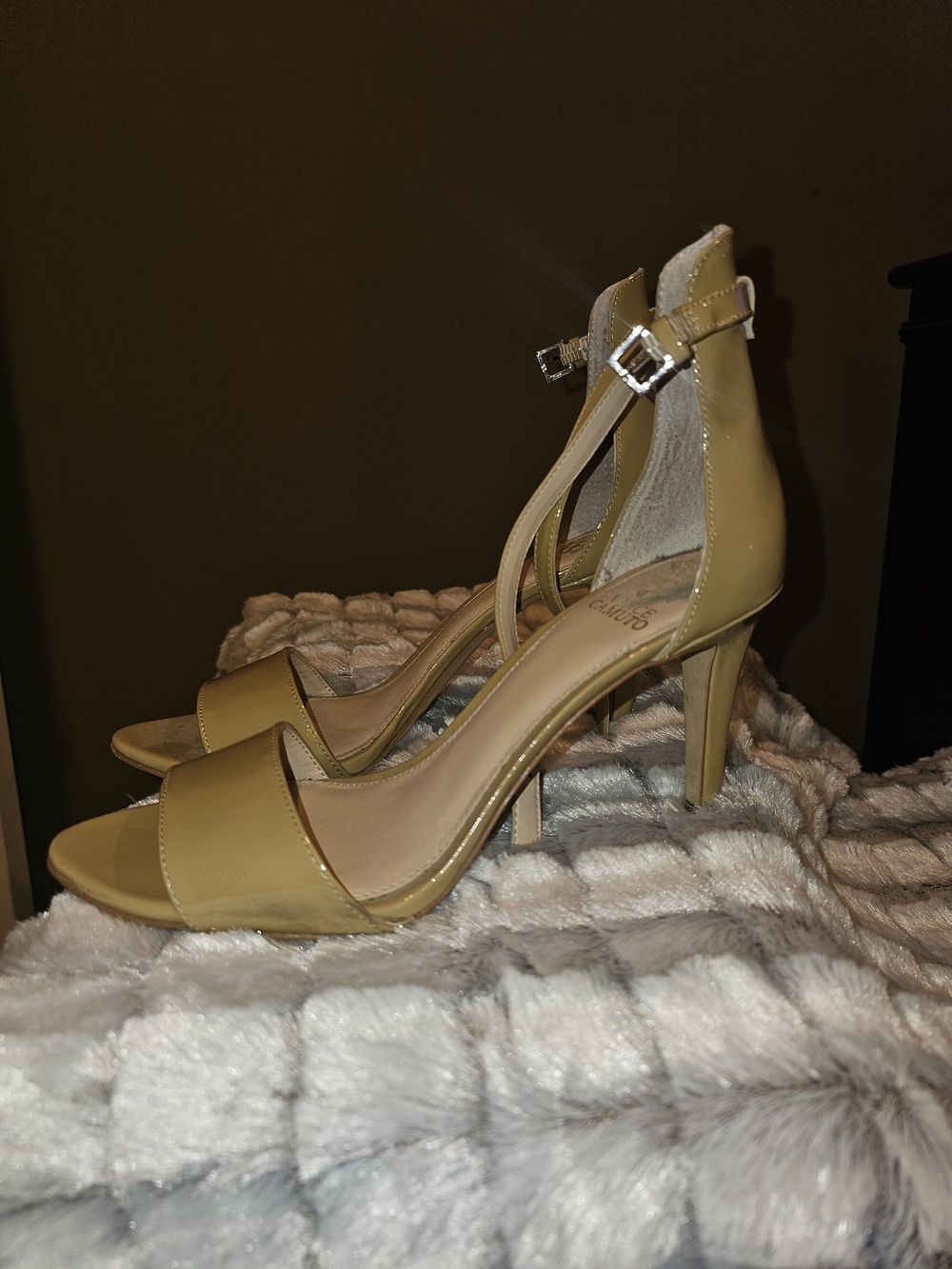 Vince Camuto Patent Tan Almond-Strap Heels